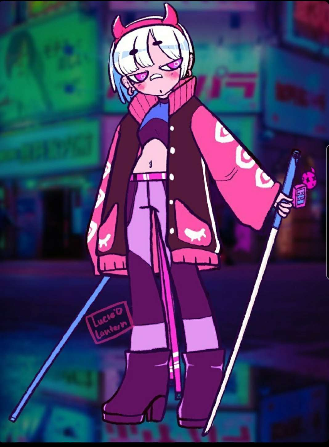 A flat-art style computer drawing of an original character with white hair wearing pink, burgandy, and purple clothing. They are wearing an unbuttoned jacket with white accents and slightly overlong baggy sleeves that reaches the character's knees. Their boots have heels, and they are wearing a pink belt. Their midriff is exposed, and their chestpiece arches upwards and reaches around halfway up their neck.