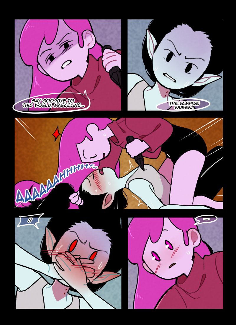 A comic. The first two panels show the faces of presumably a vampire hunter, and a vampire. The hunter says, "Say goodbye to this world, Marceline. . . the vampire queen." In the third panel the hunter is revealed to be straddling the vampire queen. She is holding a stake to the vampire queen's chest and tugging her hair, while the vampire queen is arched backwards and moaning. The fourth panel has the vampire queen blushing and with both hands over her mouth. The fifth panel shows the shocked hunter, blushing and speechless.